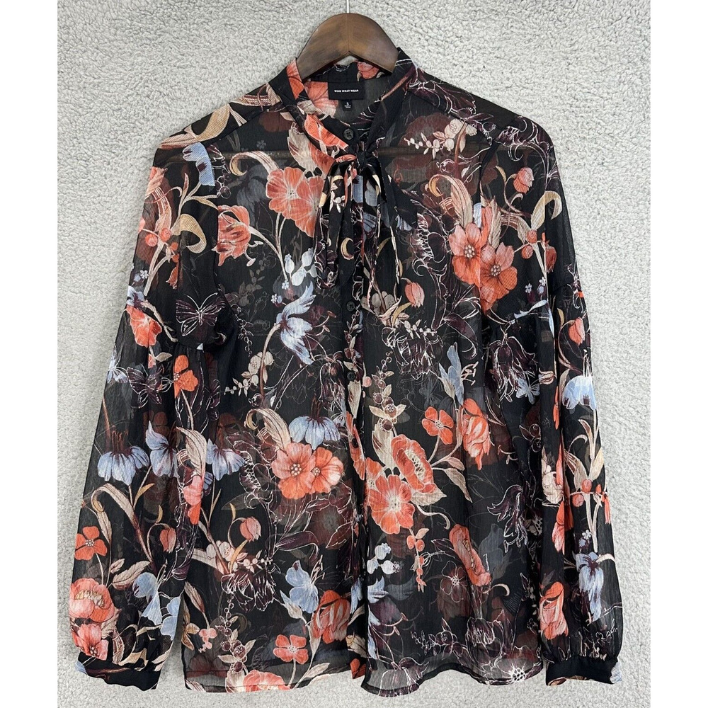 Who What Wear Button Up Top Women Small Black Floral Sheer Oversized Boho Art